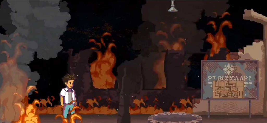 Pixel art character standing in front of a burning area with fire and smoke