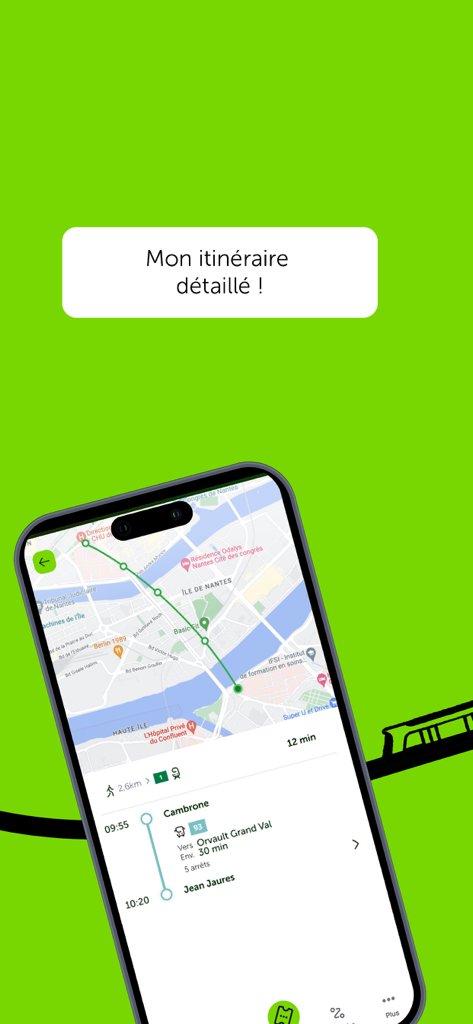 Naolib tram & bus - Um telefone celular exibindo o aplicativo Naolib com uma rota de transporte detalhada em um mapa de Nantes