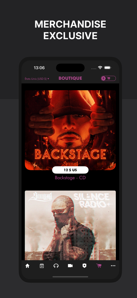 Souldia - Official App - La sección boutique de la app oficial de Souldia mostrando merchandising y álbumes exclusivos del artista.