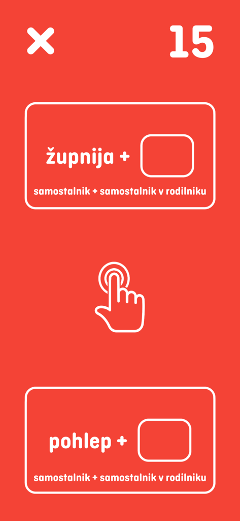 Igra besed - Gameplay screenshot of Igra besed showing Slovenian word association puzzles with noun and genitive case grammar instructions on a red background.