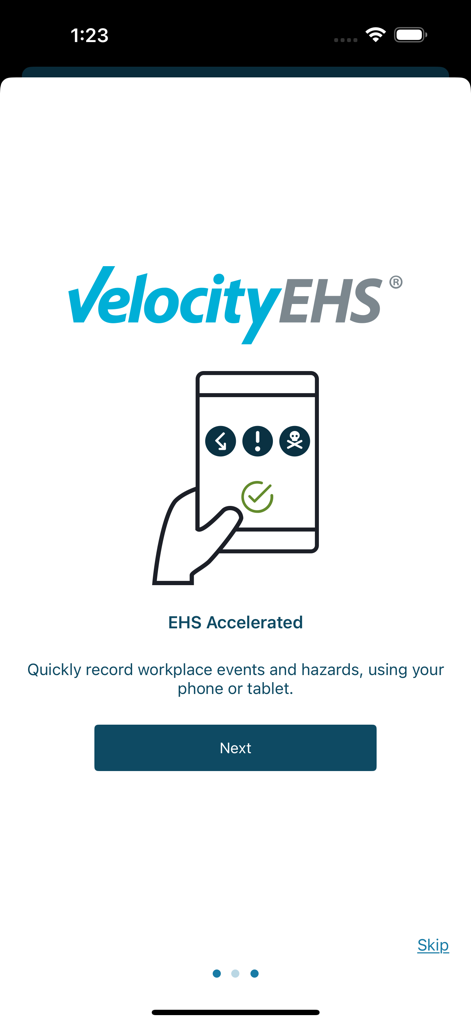 VelocityEHS® - スマートフォンでの職場危険報告のイラストが表示された、VelocityEHSのオンボーディング画面。