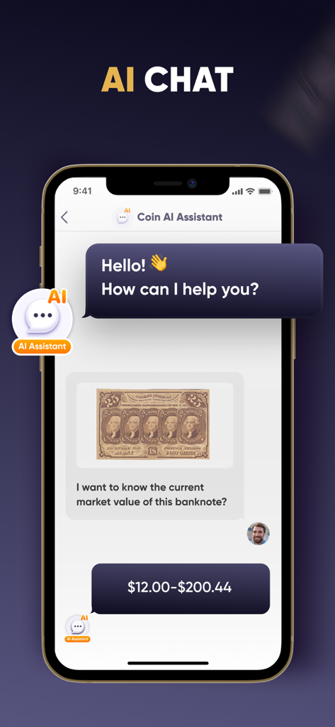 Banknote ID: Note Identifier - Ein KI-Chat-Assistent in der Banknote ID App gibt eine Marktschätzung für eine gescannte Banknote ab.