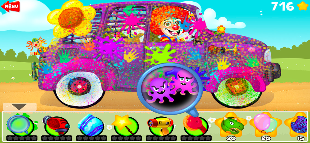 Amazing Car and Truck Wash - A clown driving a paint covered car with a magnifying glass tool in a kids car wash game