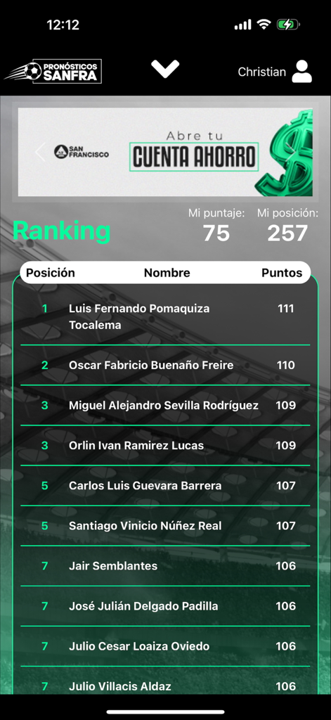 Ponósticos SanFra - Écran de classement montrant le classement des utilisateurs et les points dans l'application Pronósticos SanFra.