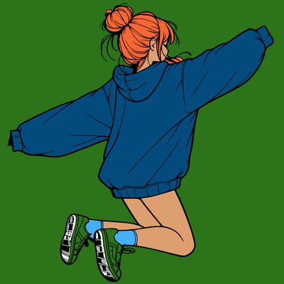 realistic girl jumping with a bun and oversized sweatshirt