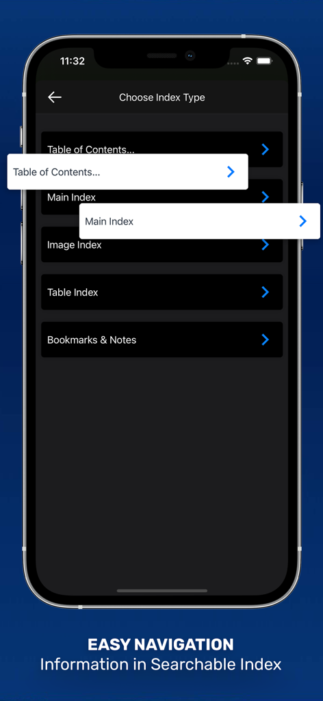 The Wills Eye Manual - A mobile screen showing the searchable index navigation of The Wills Eye Manual app including Table of Contents and Image Index options.