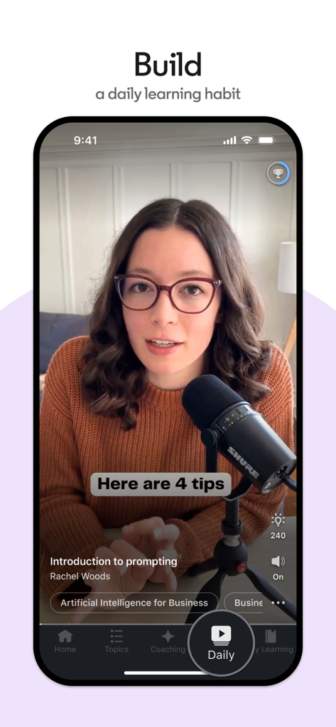 LinkedIn Learning mobile app showing an AI course video lesson to build a daily habit