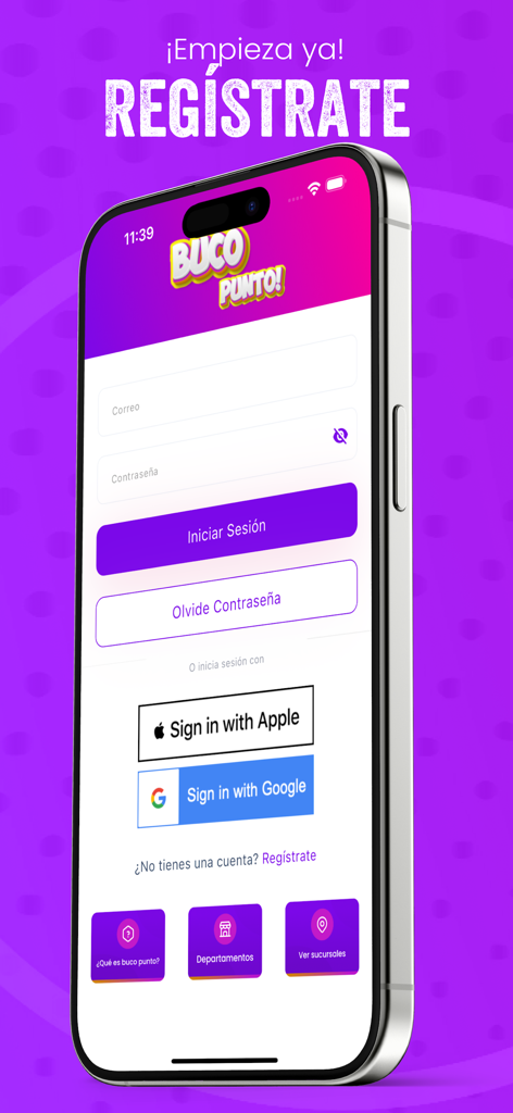 Interfaz de inicio de sesión y registro para la app de lealtad Buco Punto con opciones de inicio de sesión social y enlaces a sucursales.