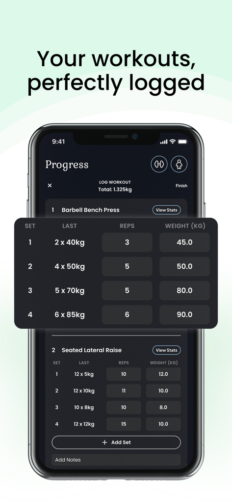 Ephyra - Calorie & Workout - Interface mobile de l'application Ephyra montrant un journal d'entraînement détaillé avec séries, répétitions et poids pour le développé couché à la barre et les élévations latérales