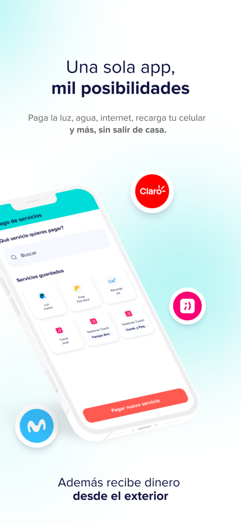 Pantalla de la aplicación móvil PeiGo que muestra opciones de pago de servicios y funciones de transferencia de dinero internacional