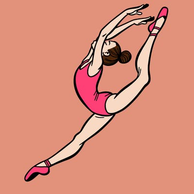 gymnast doing a leap in a leotard with a bent back leg