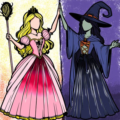 detailed realistic split of a princess and a witch