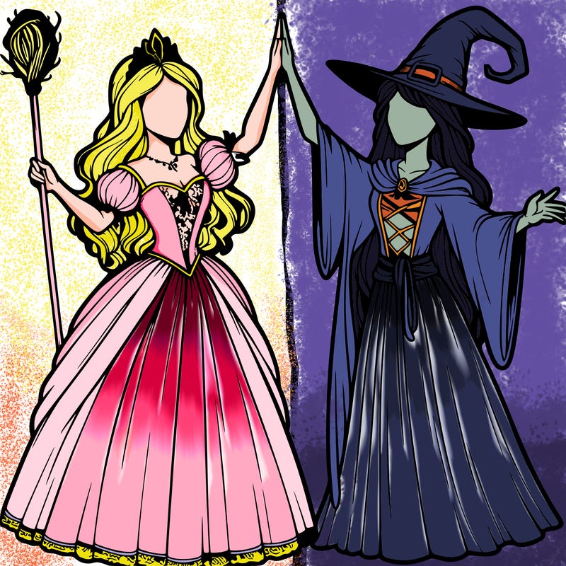 detailed realistic split of a princess and a witch