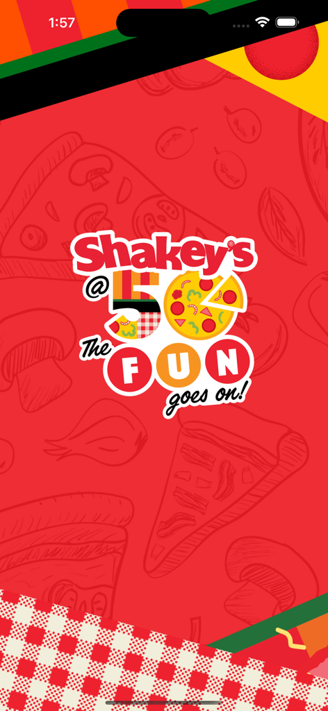 Shakeys Super App splash screen featuring the 50th anniversary celebration logo