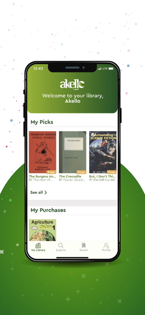 Akello Library - The home screen of Akello Library mobile app featuring a personalized collection of ebooks and user purchases.