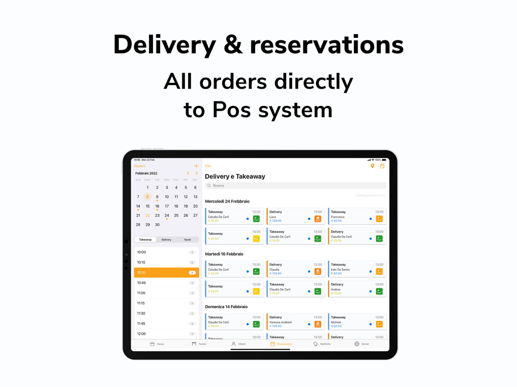 iPratico Eat - iPratico Eat dashboard on an iPad showing delivery and reservation management with an integrated calendar and order list.