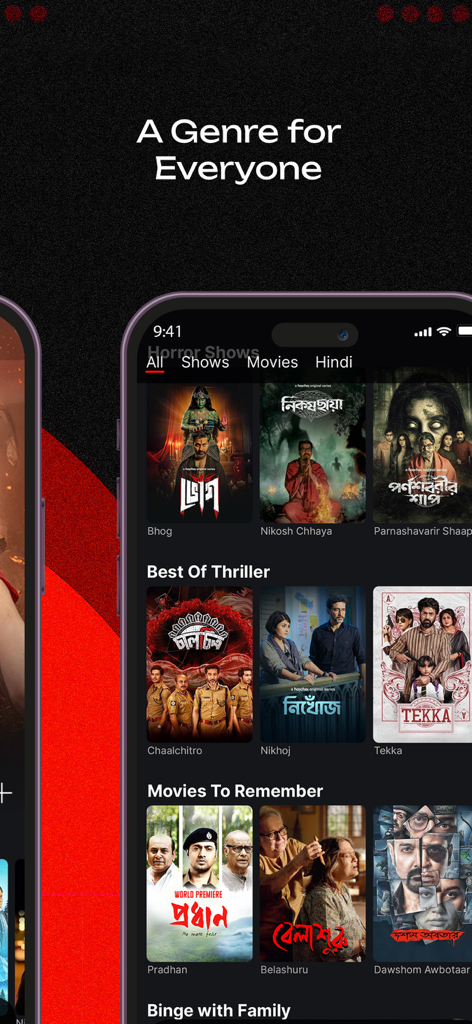 hoichoi - Movies & Web Series - hoichoi mobile app interface showing Bengali content categories including horror thriller and classic movies