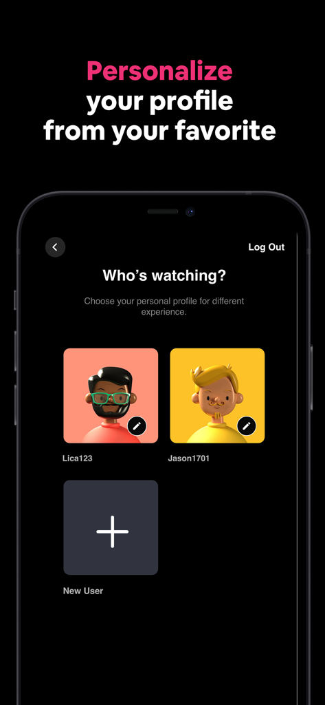 Sastra Film app user profile selection screen with multiple character avatars