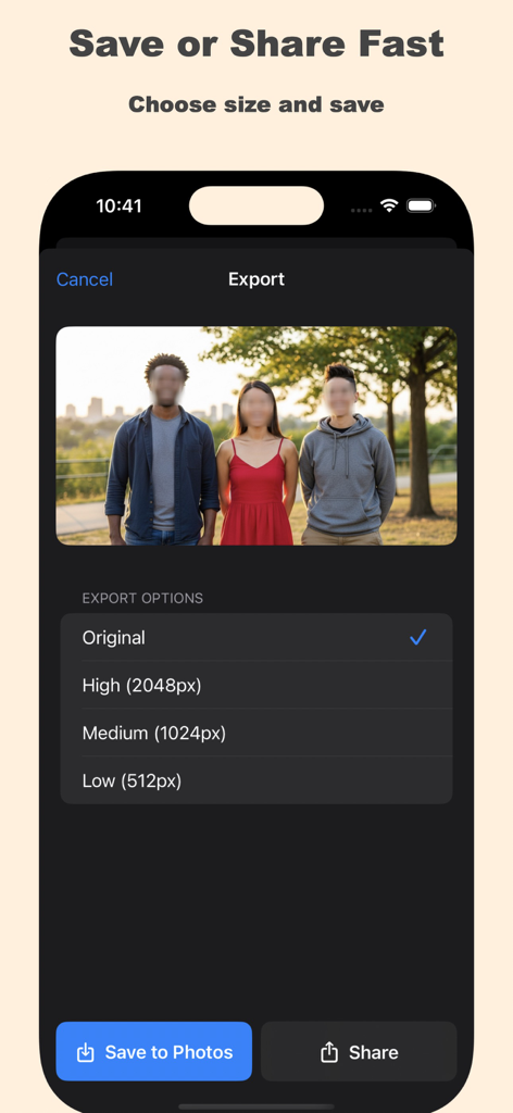 Uma captura de tela da tela de exportação no aplicativo Desfocar Rosto em Foto mostrando várias opções de tamanho de imagem e botões de salvar.