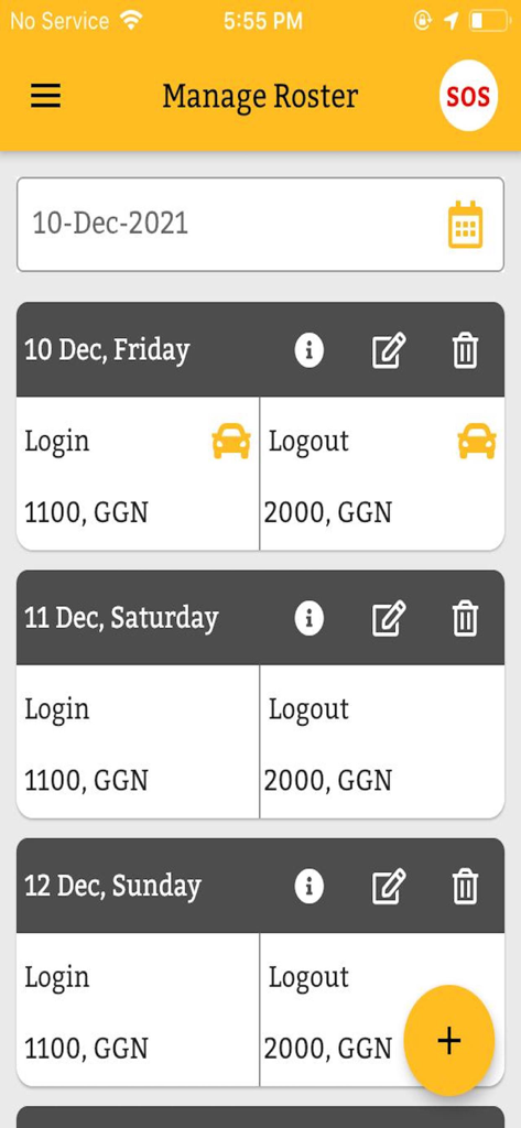 eTMS Buddy 앱의 근무자 명단 관리 화면, 직원 근무 교대 시간 및 교통편 일정 등록/해제 시간 표시.