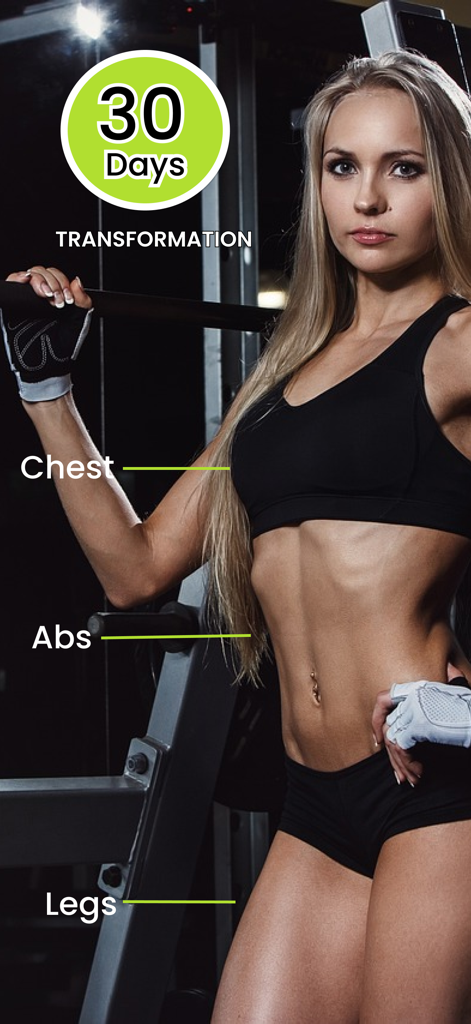 Woman Exercise 30 Days Workout - Una mujer en forma resaltando resultados de fitness para pecho, abdominales y piernas después de una transformación de 30 días.