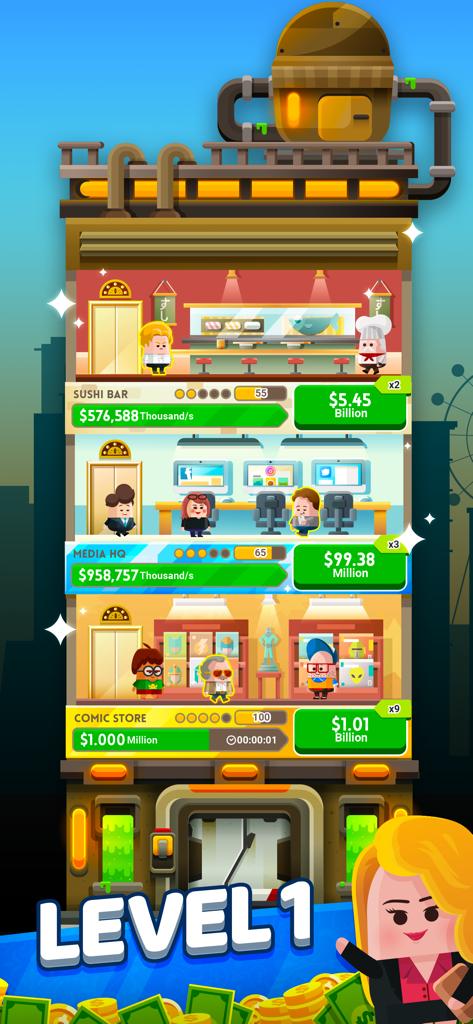 Screenshot of Cash Inc Fame and Fortune Game showing multiple business floors in a tower at Level 1