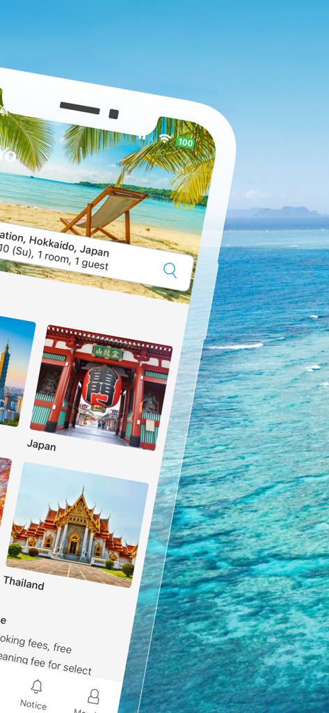 AsiaYo: Travel | Stays | Tours - Interfaz de la aplicación AsiaYo que muestra estancias y viajes seleccionados en Japón y Tailandia.