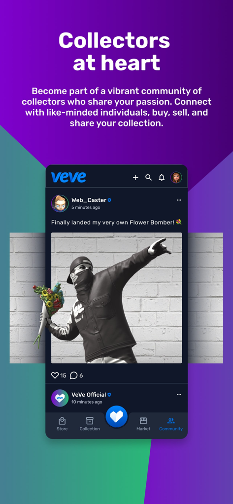 VeVe Collectibles app interface displaying the community social feed where users share and interact with their digital collectibles.
