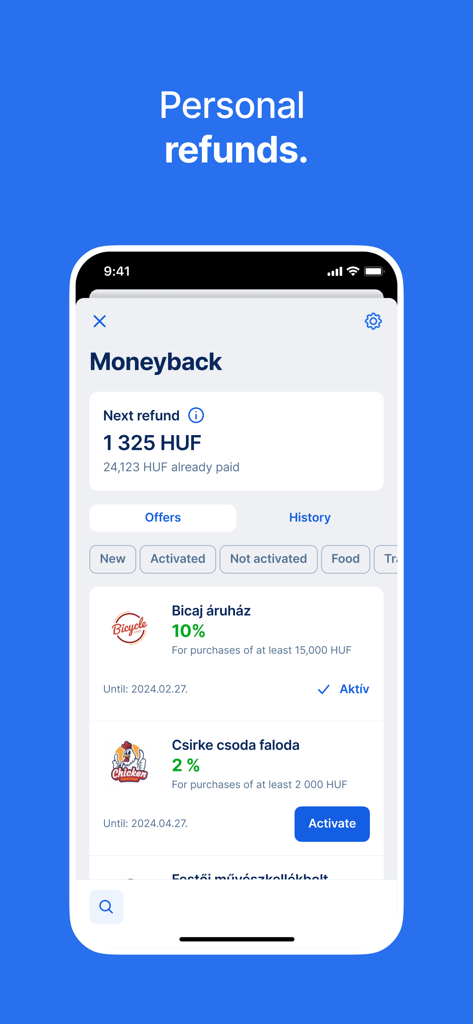 George Magyarország - Application George Magyarország affichant les offres de remboursement (moneyback) et les remboursements personnels