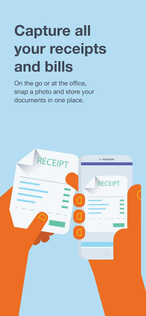 Uma ilustração de uma pessoa usando o aplicativo móvel Hubdoc para tirar uma foto e digitalizar um recibo em papel.