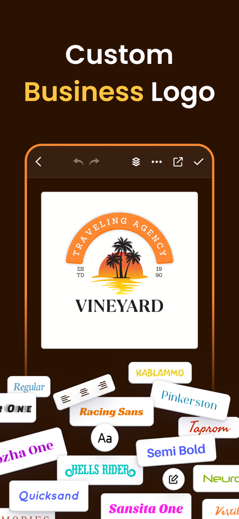 Logo Maker : Brand Maker - Pantalla de aplicación móvil para diseñar logos de negocios personalizados con diversas opciones de fuentes
