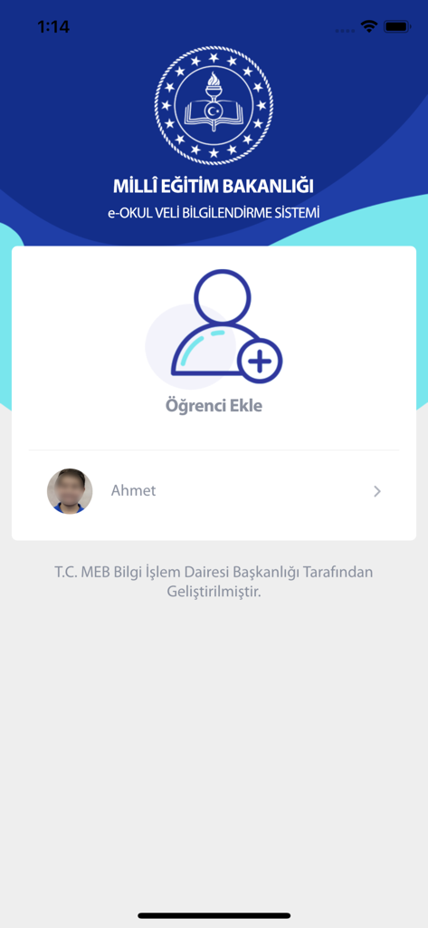 Turkish e-school parent information system home screen with student profiles and add student option