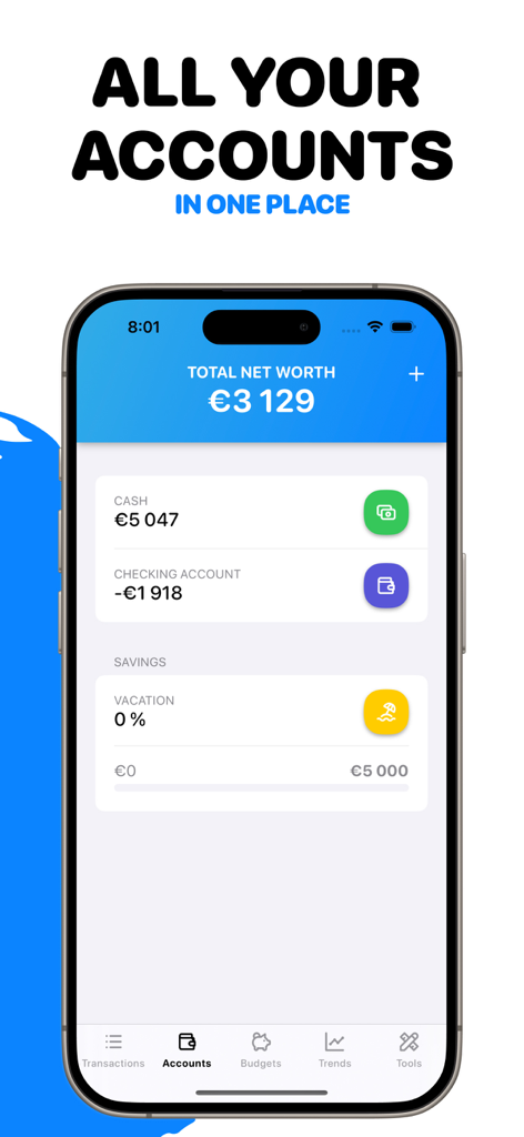 No Spend Tracker - Many - The Many app dashboard showing a total net worth summary with cash, checking account, and savings goals in one place.