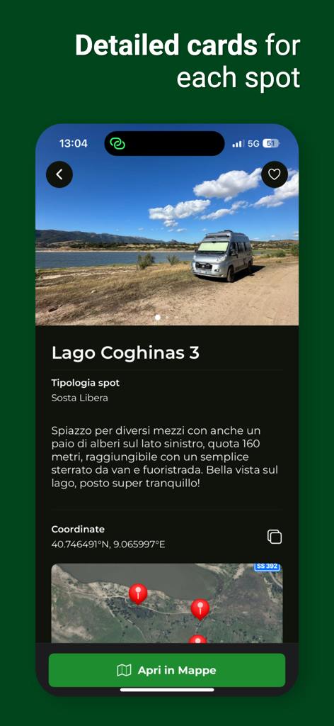 Mappa Magica - Mappa Magicaアプリのスクリーンショット。サルデーニャのコギーナス湖のバンライフキャンプスポットに関する写真や場所の詳細情報を示しています。