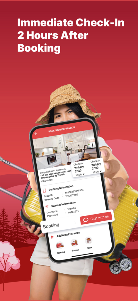 Travelio app screen showing immediate two hour check in after booking an apartment