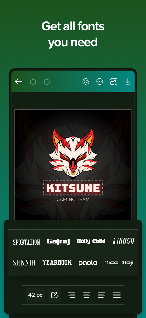 Logo Esport Maker - Mascot - Interface of the esports logo maker app showing font choices for a fox mascot logo