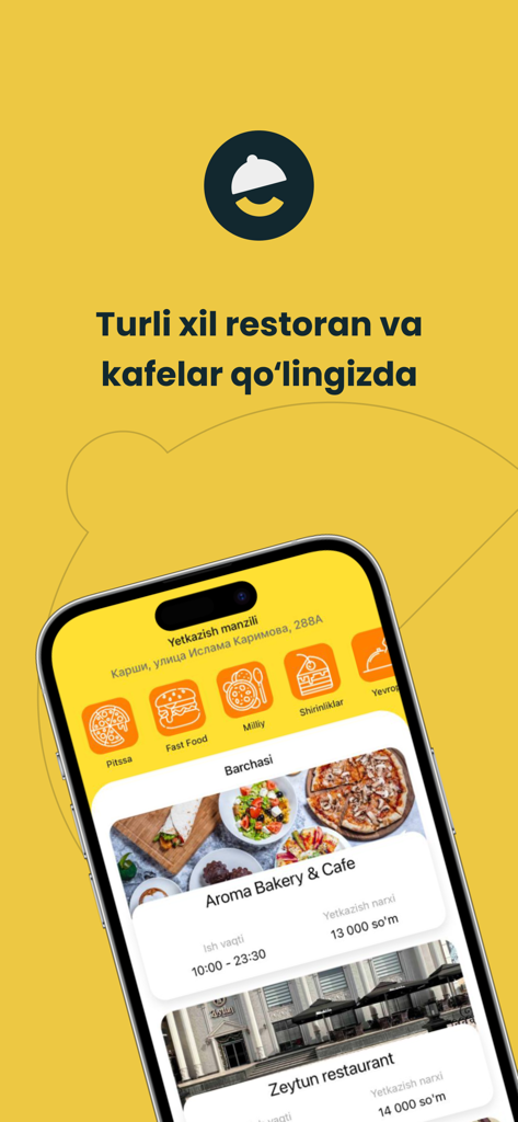 Yemak: Food delivery in Karshi - Smartphone screen showing the Yemak food delivery app interface with restaurant categories and local food listings.