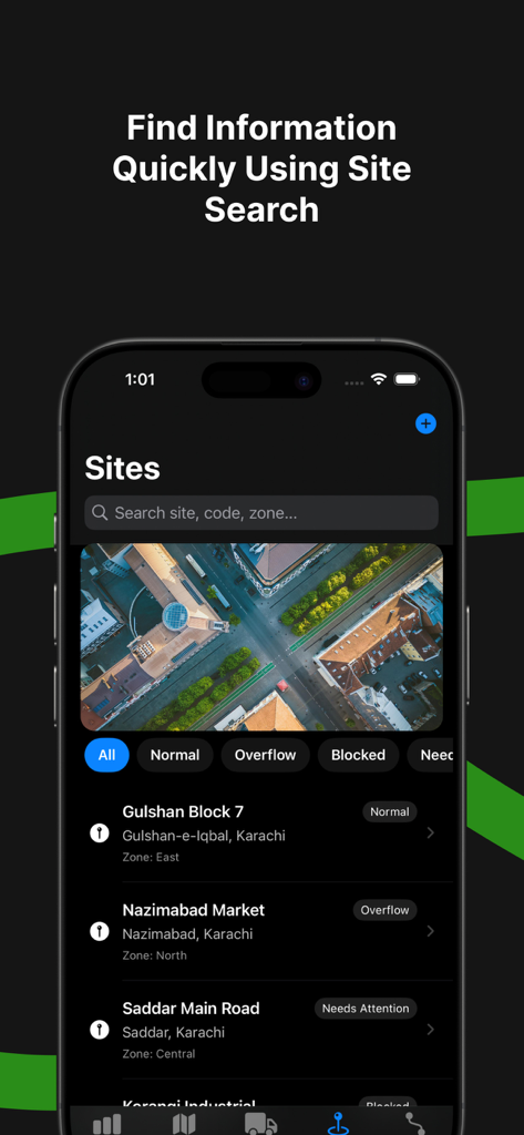 Maps 4u - Interface of Maps 4u app showing a searchable list of collection sites with statuses like Normal and Overflow