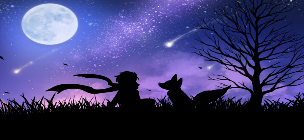 Silhouette of a person and a fox sitting under a starry night sky with a full moon