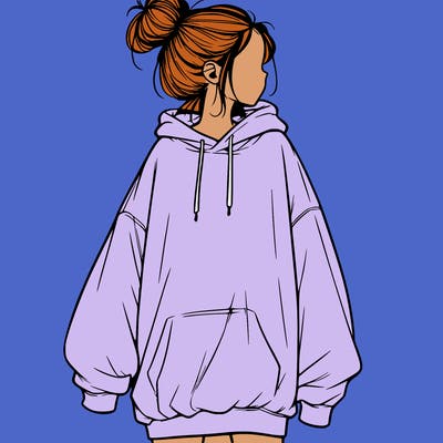 realistic girl with a oversized sweatshirt on and a bun