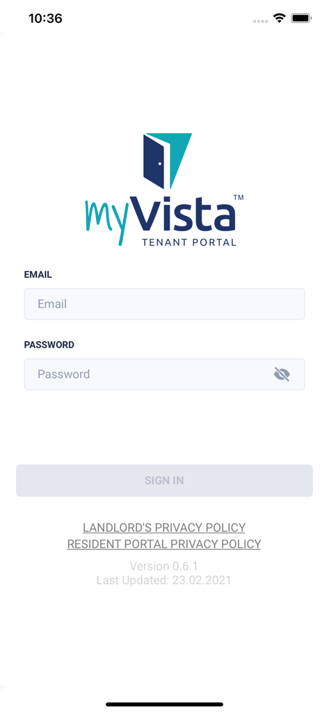 MyVista by Property Vista - Login screen for the MyVista Tenant Portal app