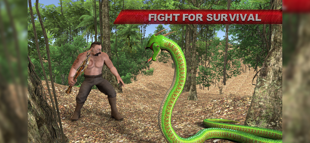 Anaconda Attack Simulator 3D - Giant green anaconda snake facing a hunter with an axe in the jungle