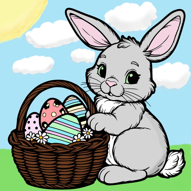 easter bunny with a basket with eggs realistic