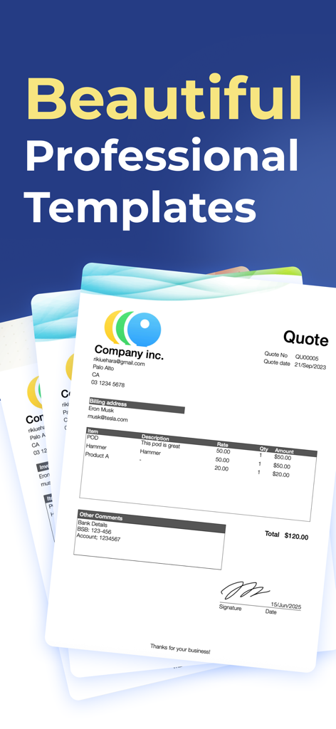 Gebrandete professionelle Angebotsvorlagen für Dienstleistungsunternehmen mit Logo- und Unterschriftsfeldern.