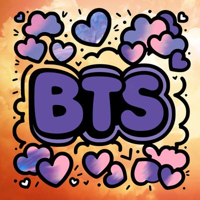 the letters “bts” in bubble letters surrounded by hearts