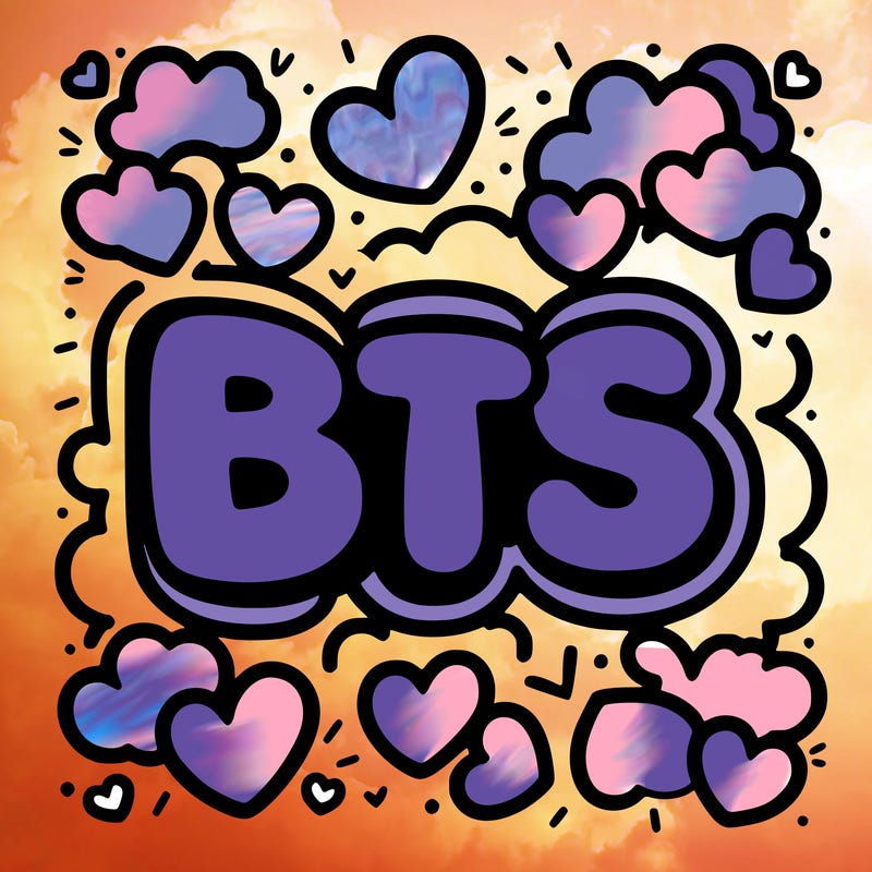 the letters “bts” in bubble letters surrounded by hearts