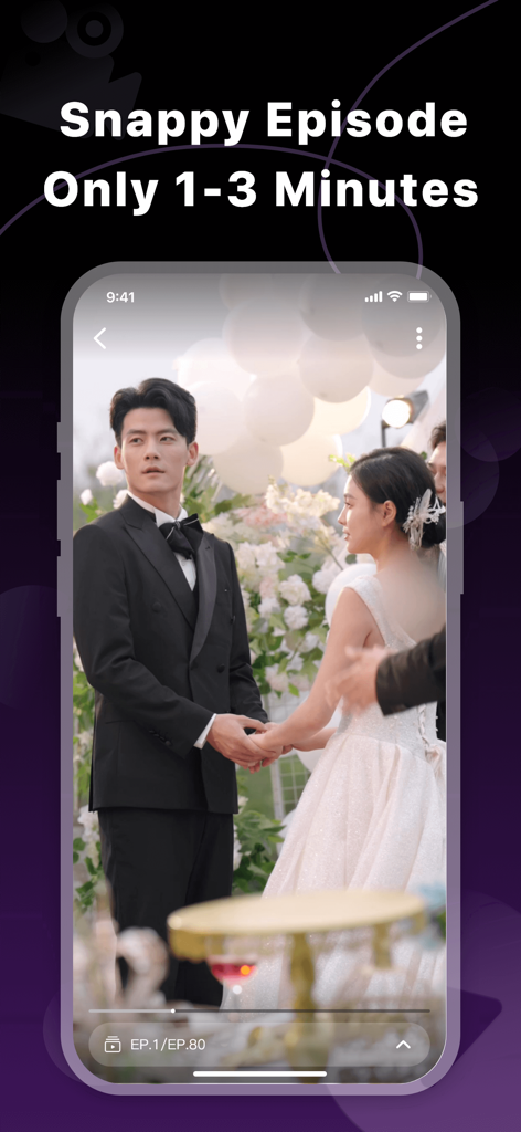 Vertical mobile screen showing a romantic wedding scene from a short-form drama on DramaTime