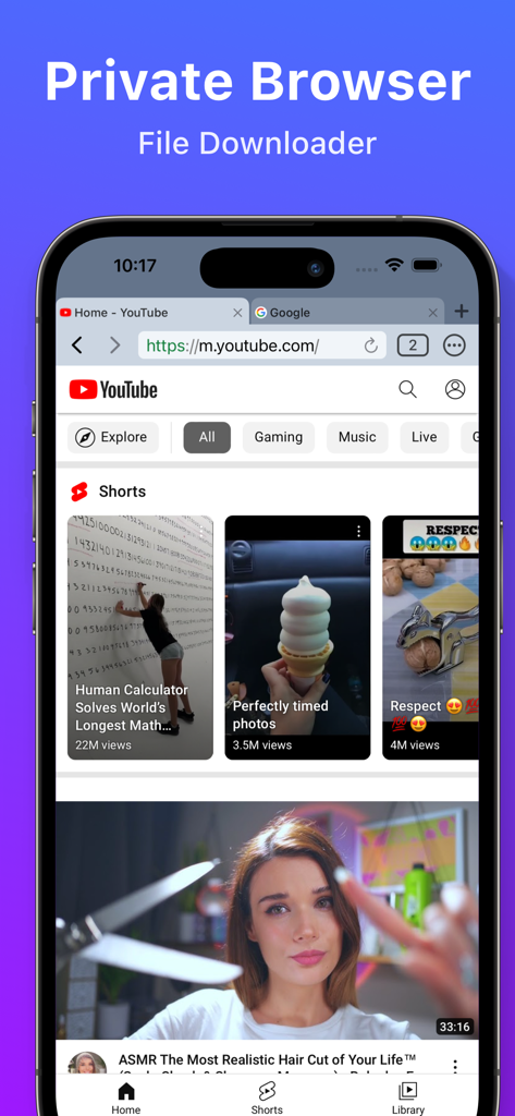 MaxVault - Photo & Video Vault - Interface of MaxVault app showing the private browser and file downloader feature with YouTube open on an iPhone