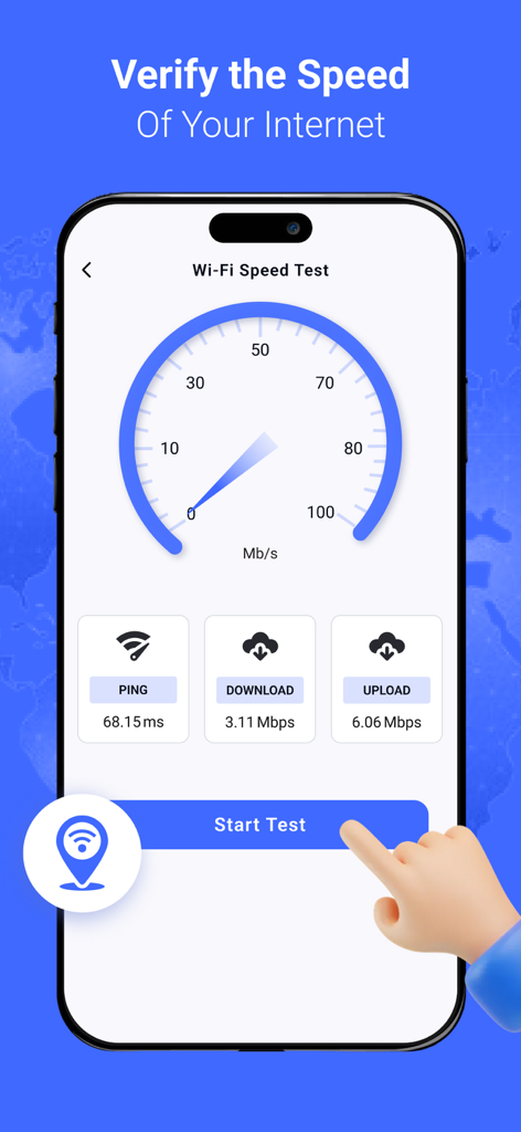 Wifi Password : Speed Analyzer - Mobile app screen showing a WiFi speed test with download upload and ping metrics