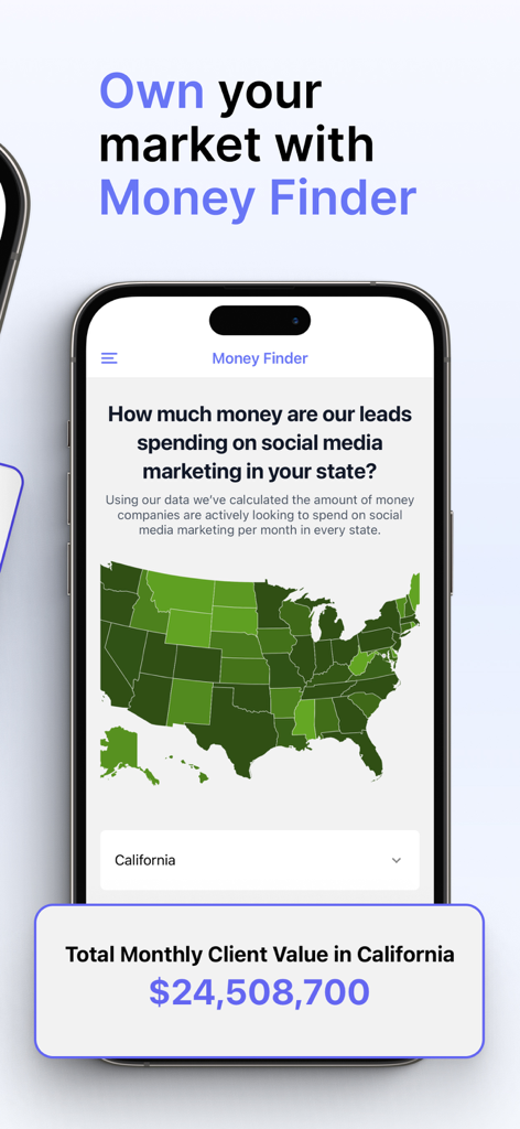 SMM Deal Finder - Money Finder interface in SMM Deal Finder showing total monthly client value for social media marketing in California.